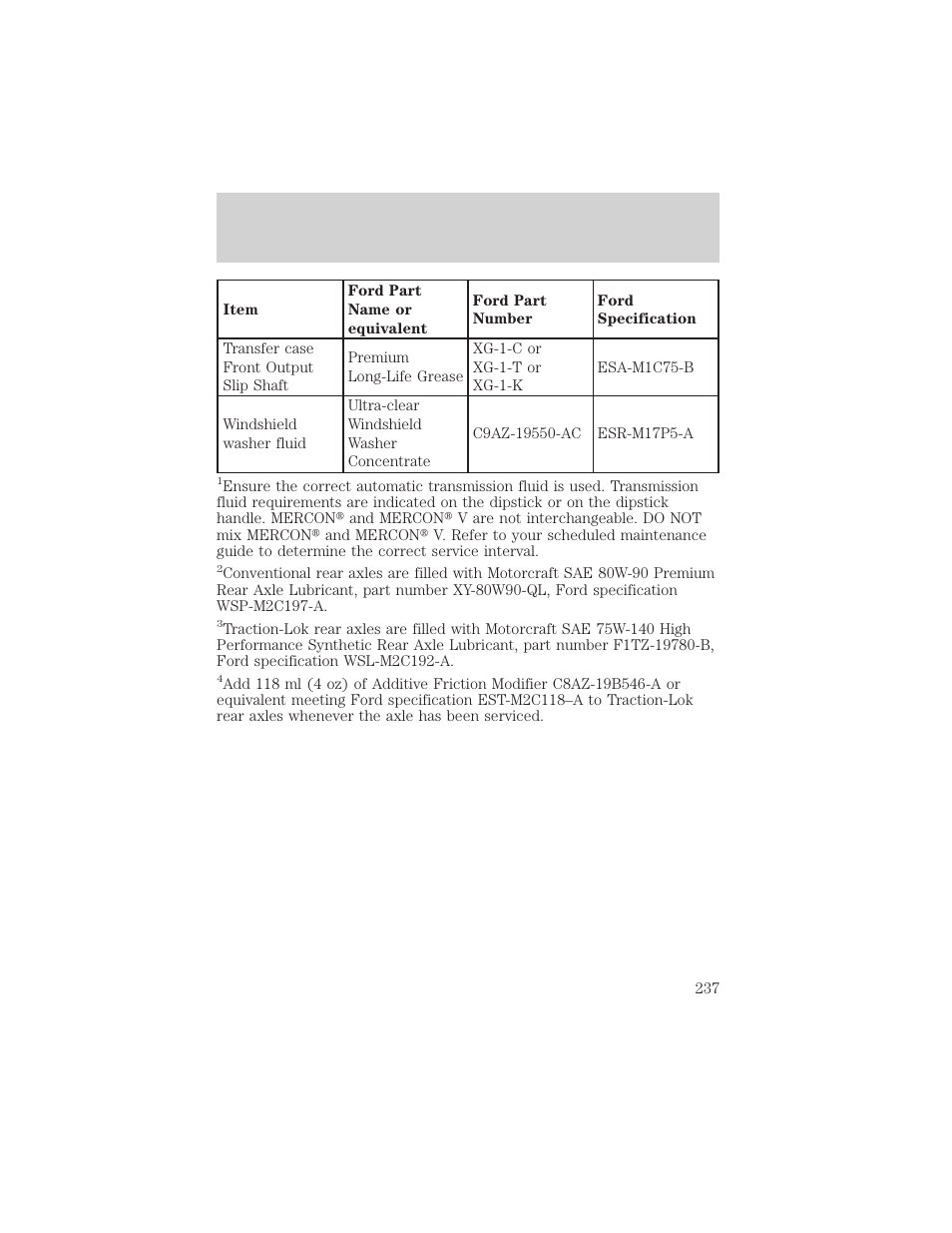 Capacities and specifications | FORD 2001 Explorer Sport Trac User Manual | Page 237 / 264