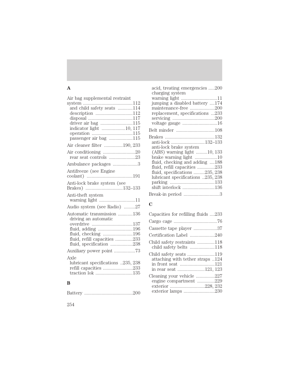 Index | FORD 2001 Explorer Sport Trac User Manual | Page 254 / 264