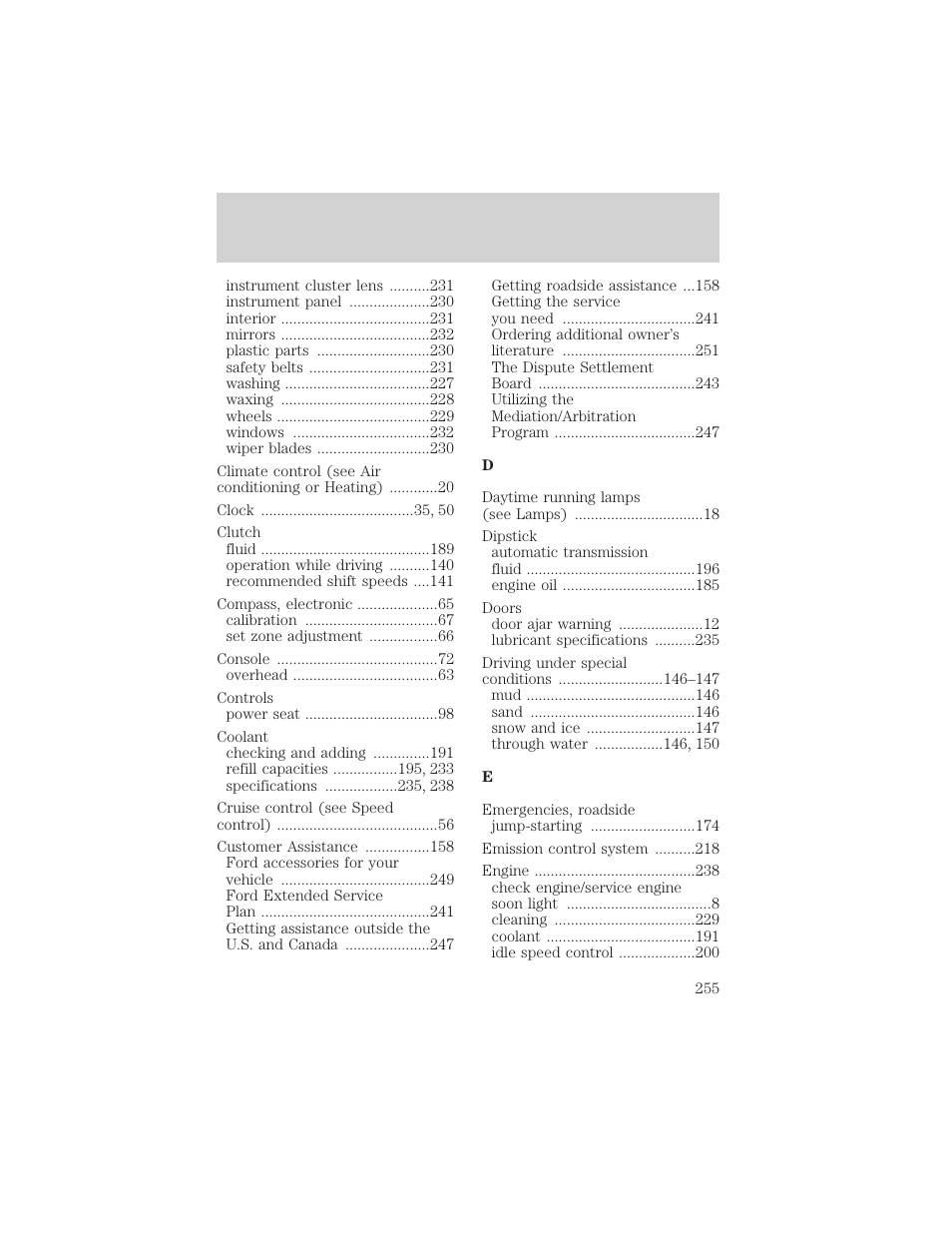 Index | FORD 2001 Explorer Sport Trac User Manual | Page 255 / 264
