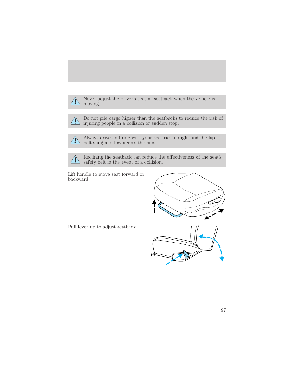 Seating and safety restraints | FORD 2001 Explorer Sport Trac User Manual | Page 97 / 264