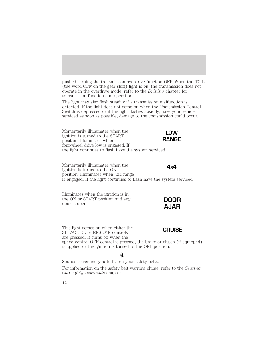 Door ajar, Instrumentation | FORD 2001 F-150 v.1 User Manual | Page 12 / 224