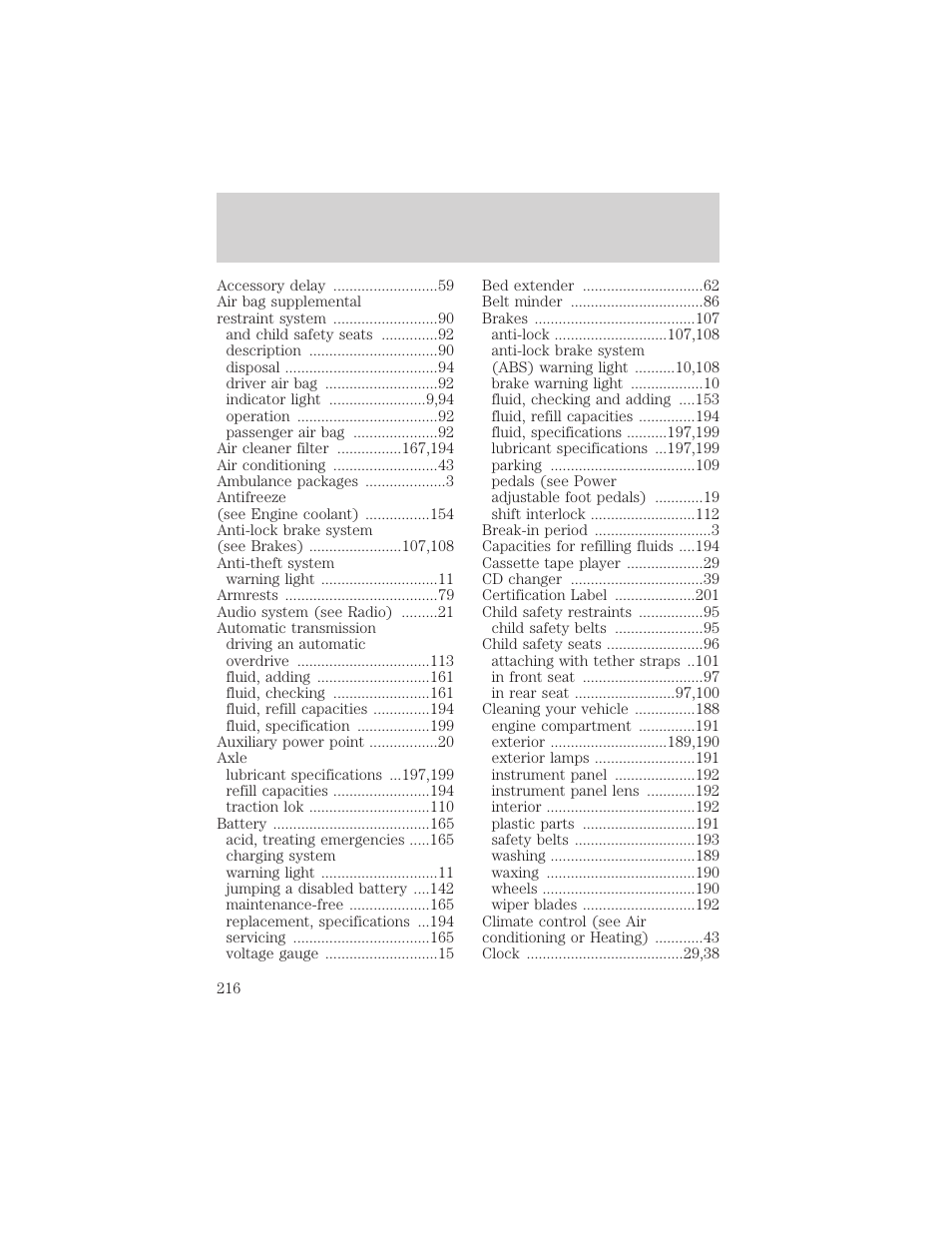 Index | FORD 2001 F-150 v.1 User Manual | Page 216 / 224