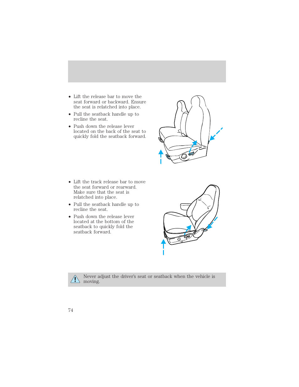 Seating and safety restraints | FORD 2001 F-150 v.1 User Manual | Page 74 / 224