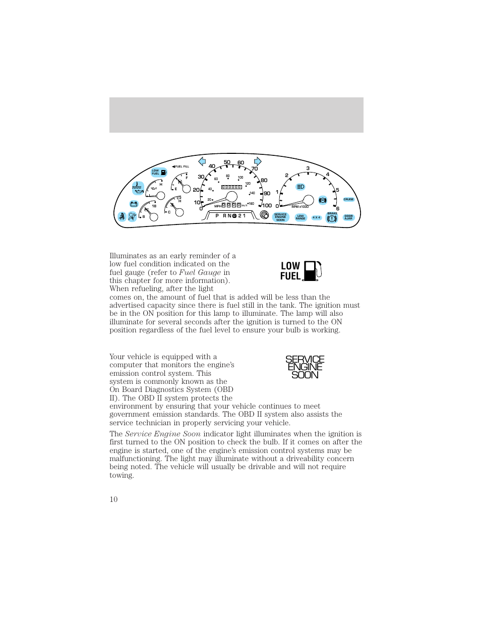 Instrumentation, Low fuel, Service engine soon | FORD 2001 F-550 v.1 User Manual | Page 10 / 272