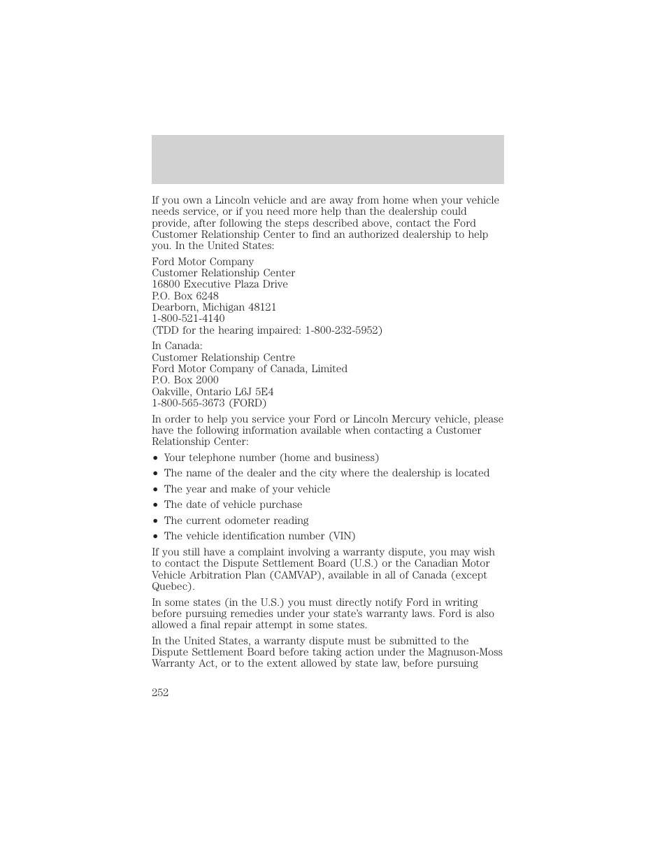 Customer assistance | FORD 2001 F-550 v.1 User Manual | Page 252 / 272