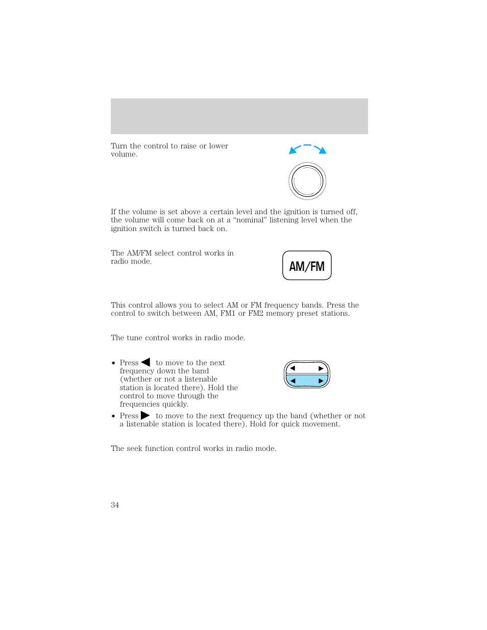 Am/fm, Controls and features | FORD 2001 F-550 v.1 User Manual | Page 34 / 272