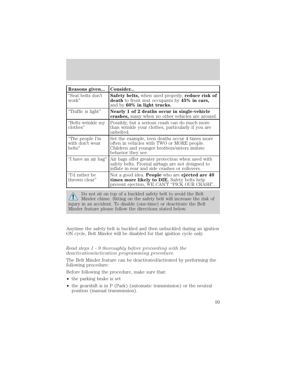 Seating and safety restraints | FORD 2001 F-550 v.1 User Manual | Page 99 / 272