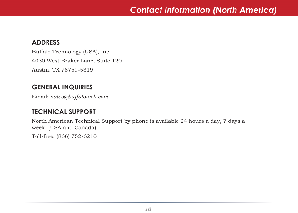 Contact information (north america) | Buffalo Technology WHR-HP-AG108 User Manual | Page 10 / 11