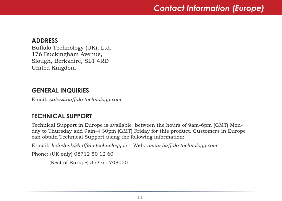 Contact information (europe) | Buffalo Technology WHR-HP-AG108 User Manual | Page 11 / 11