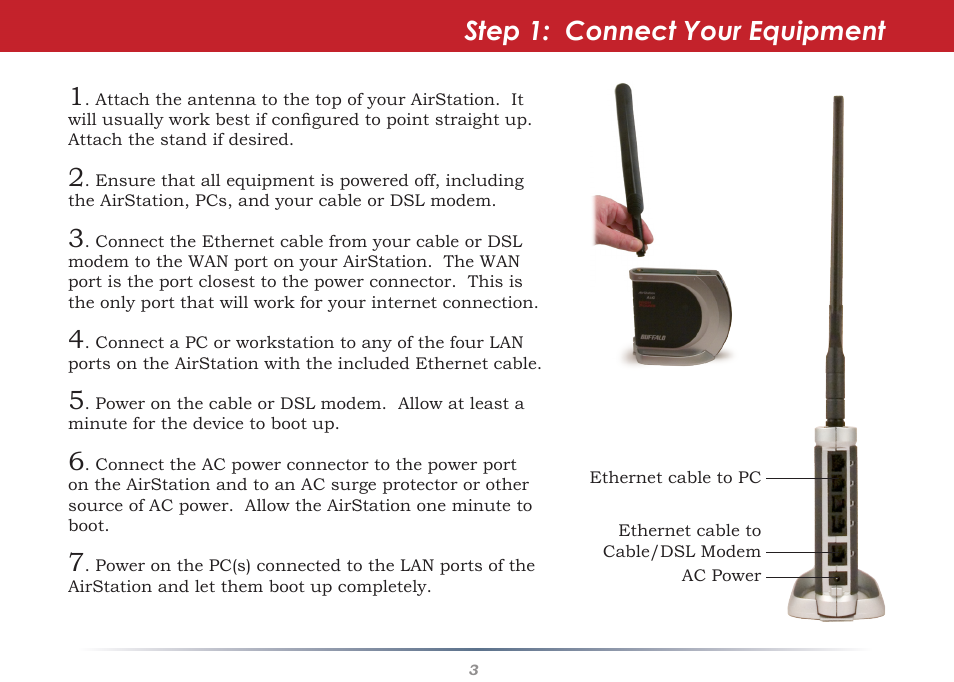 Step 1: connect your equipment | Buffalo Technology WHR-HP-AG108 User Manual | Page 3 / 11