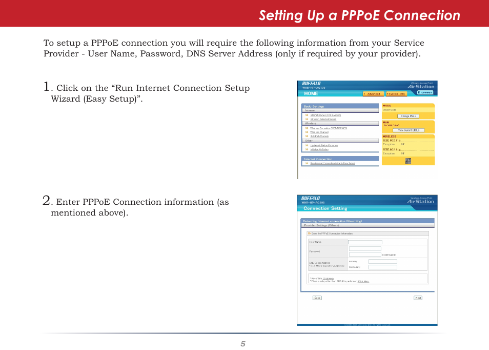 Setting up a pppoe connection | Buffalo Technology WHR-HP-AG108 User Manual | Page 5 / 11