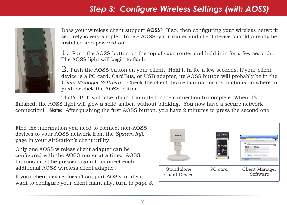 Aoss, Step 3: configure wireless settings (with aoss) | Buffalo Technology WHR-HP-AG108 User Manual | Page 7 / 11