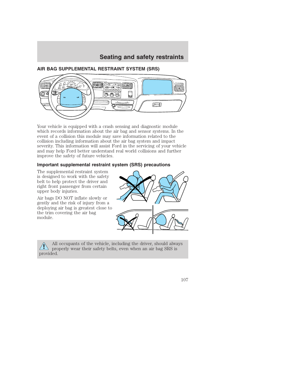 Seating and safety restraints, Dolby b nr, A/c max a/c off | FORD 2001 F-550 v.2 User Manual | Page 107 / 288