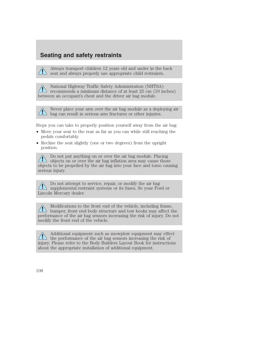 Seating and safety restraints | FORD 2001 F-550 v.2 User Manual | Page 108 / 288