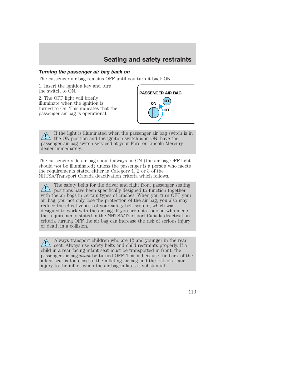 Seating and safety restraints | FORD 2001 F-550 v.2 User Manual | Page 113 / 288