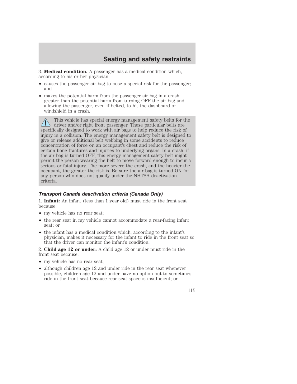 Seating and safety restraints | FORD 2001 F-550 v.2 User Manual | Page 115 / 288