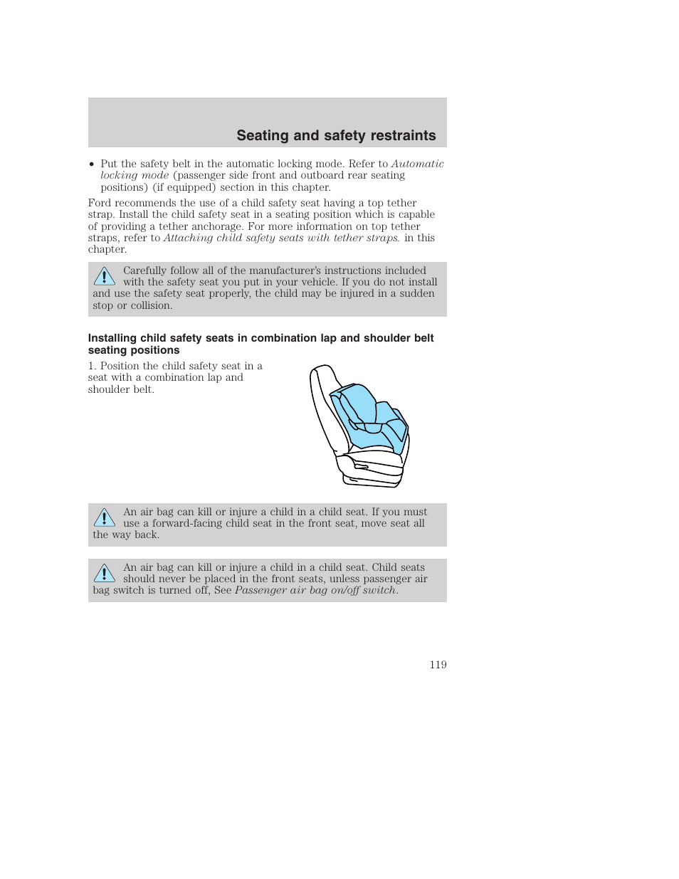 Seating and safety restraints | FORD 2001 F-550 v.2 User Manual | Page 119 / 288