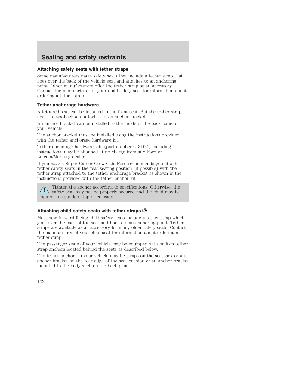 Seating and safety restraints | FORD 2001 F-550 v.2 User Manual | Page 122 / 288