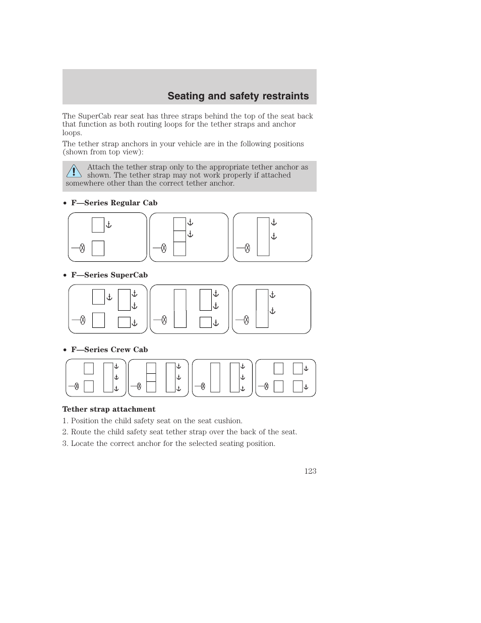 Seating and safety restraints | FORD 2001 F-550 v.2 User Manual | Page 123 / 288