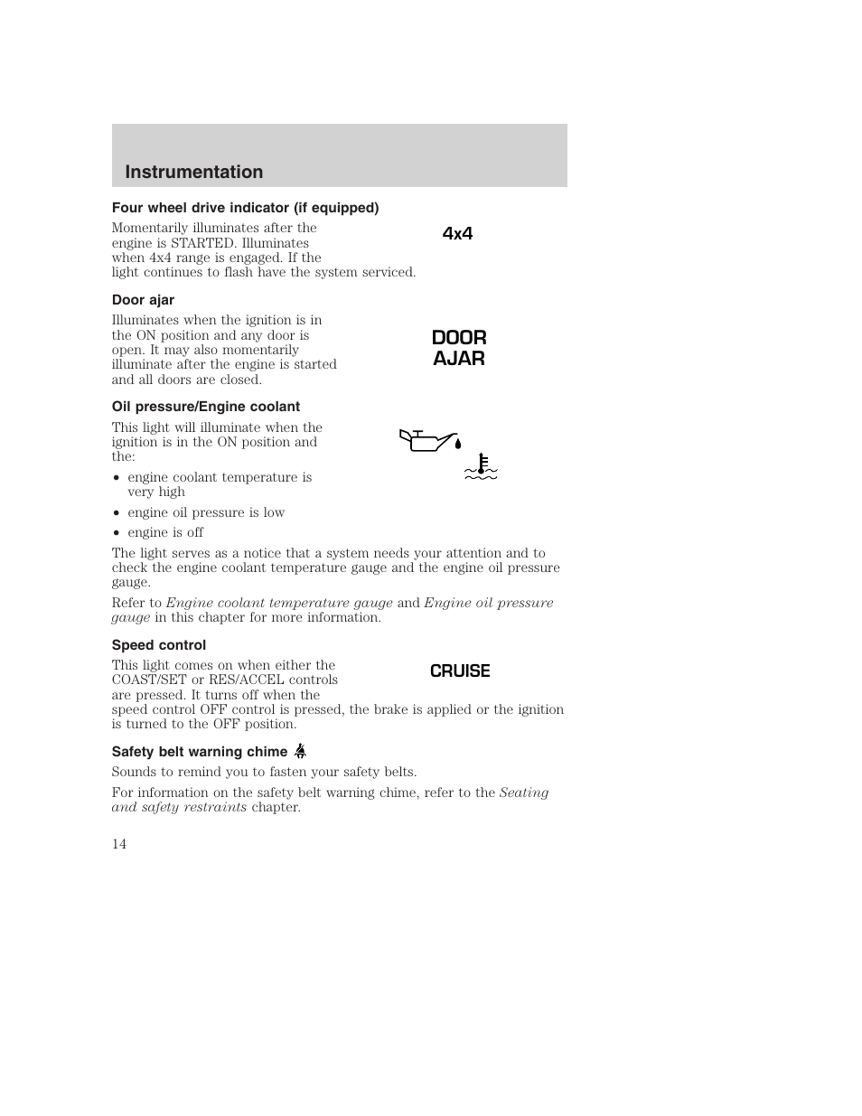 Door ajar, Instrumentation | FORD 2001 F-550 v.2 User Manual | Page 14 / 288