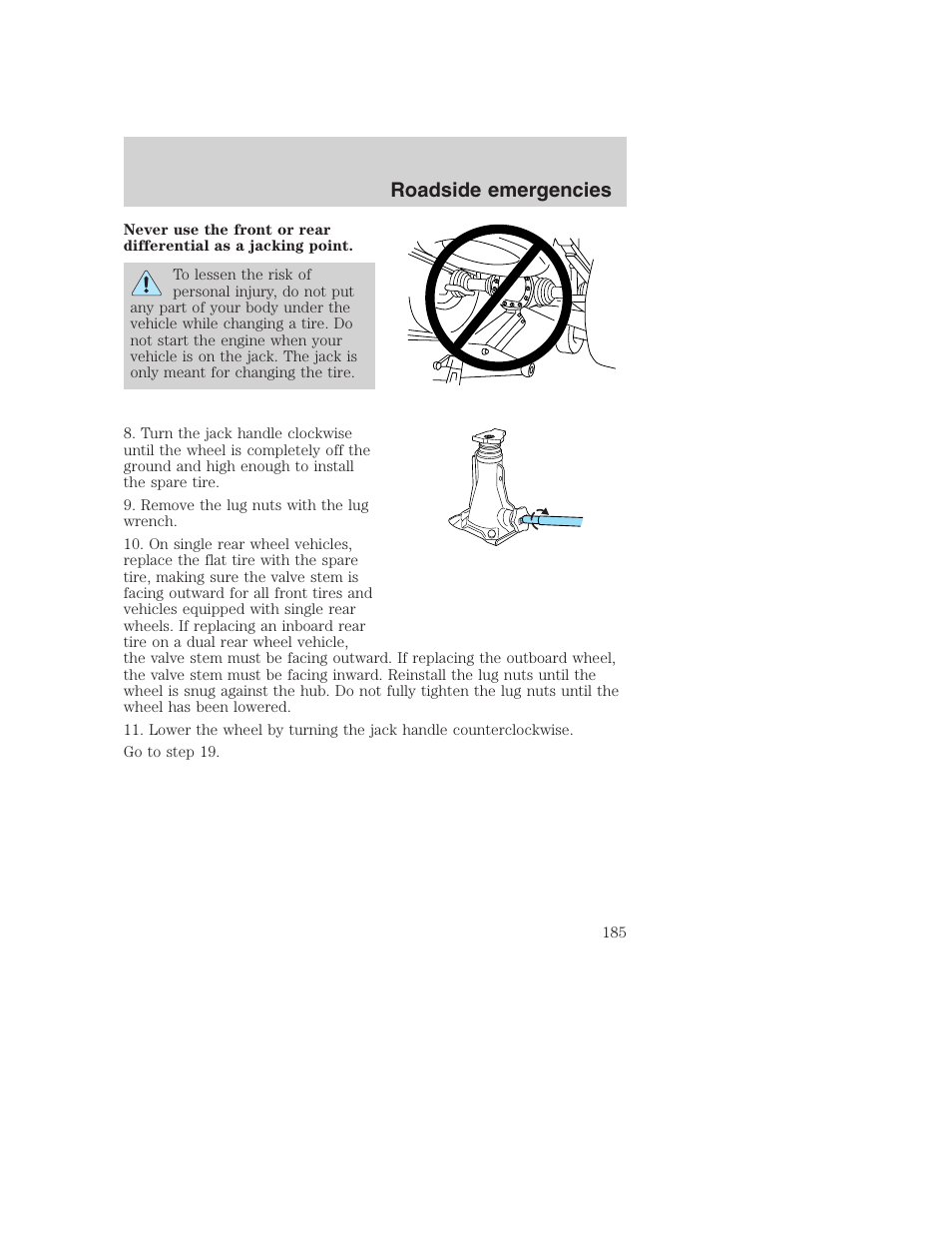 Roadside emergencies | FORD 2001 F-550 v.2 User Manual | Page 185 / 288