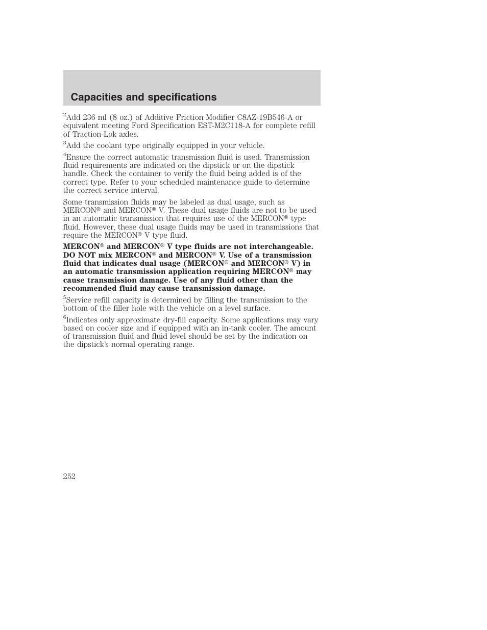 Capacities and specifications | FORD 2001 F-550 v.2 User Manual | Page 252 / 288