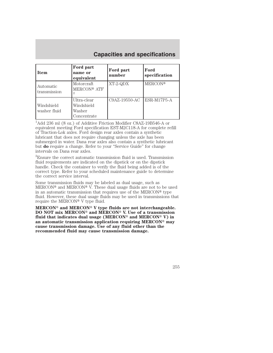 Capacities and specifications | FORD 2001 F-550 v.2 User Manual | Page 255 / 288