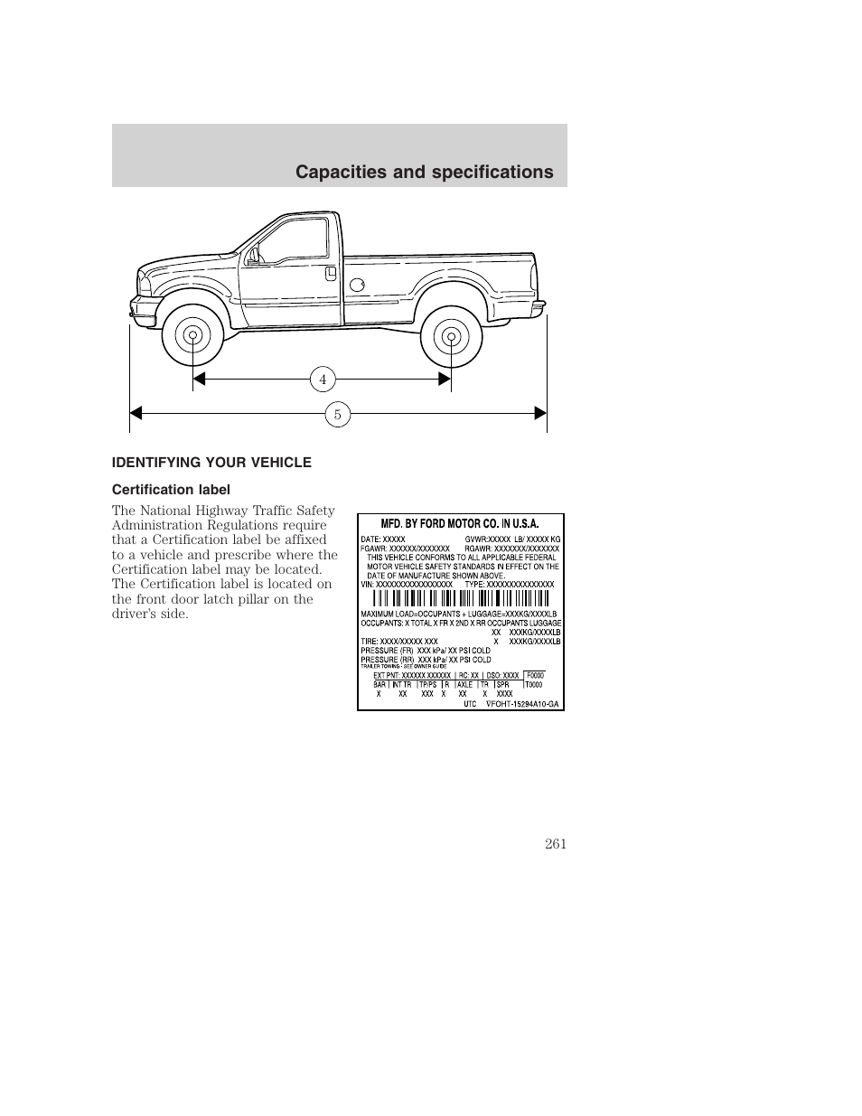 Capacities and specifications | FORD 2001 F-550 v.2 User Manual | Page 261 / 288