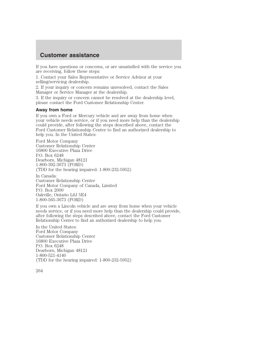 Customer assistance | FORD 2001 F-550 v.2 User Manual | Page 264 / 288
