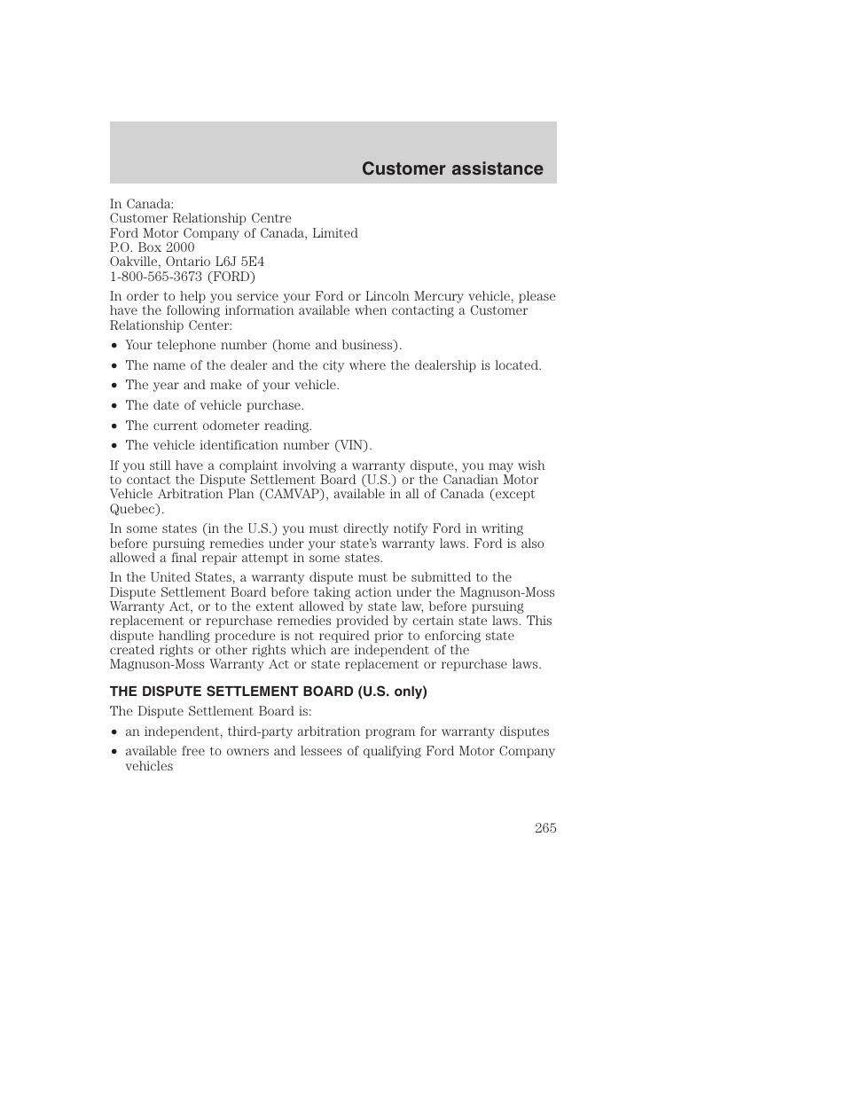 Customer assistance | FORD 2001 F-550 v.2 User Manual | Page 265 / 288