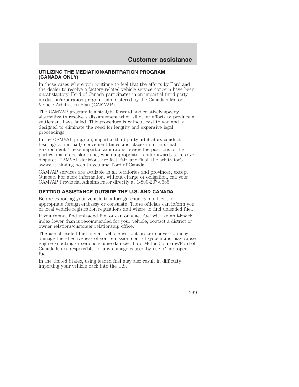 Customer assistance | FORD 2001 F-550 v.2 User Manual | Page 269 / 288