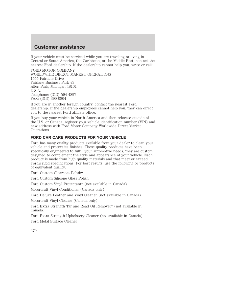 Customer assistance | FORD 2001 F-550 v.2 User Manual | Page 270 / 288