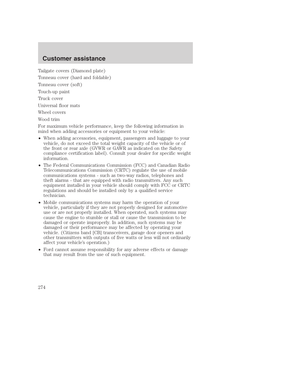 Customer assistance | FORD 2001 F-550 v.2 User Manual | Page 274 / 288