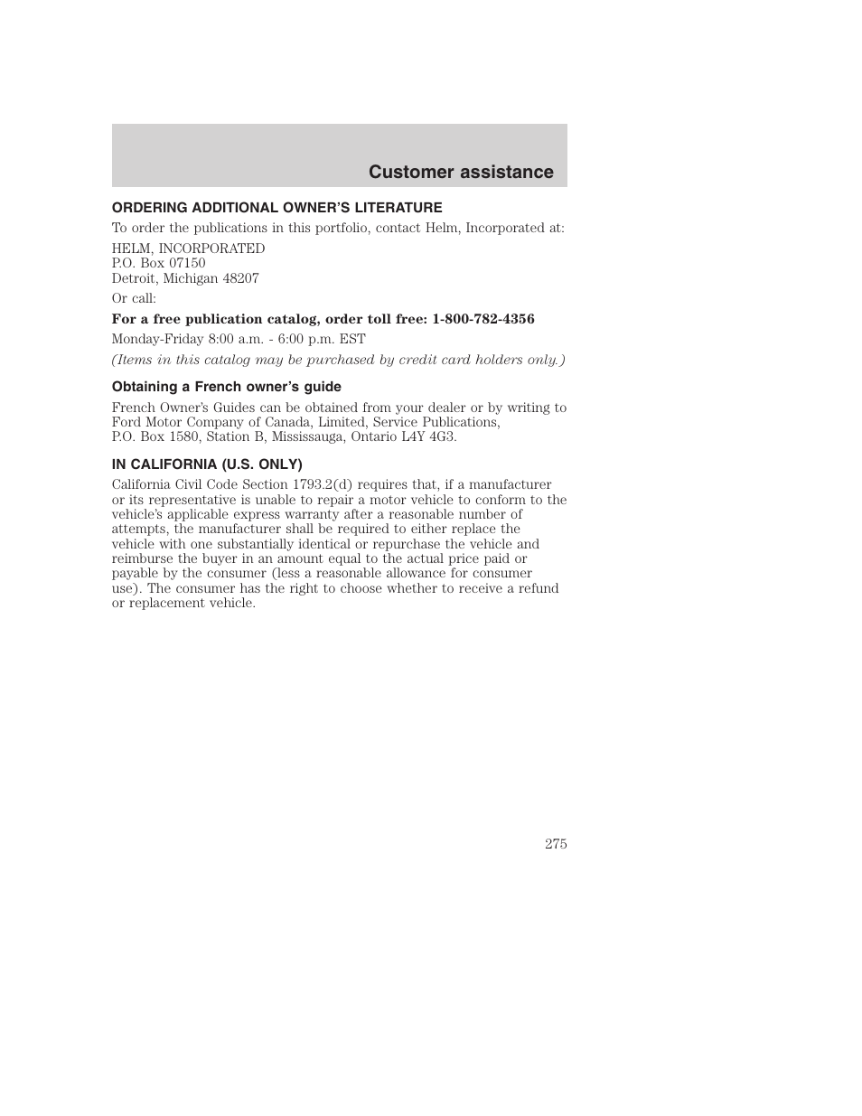 Customer assistance | FORD 2001 F-550 v.2 User Manual | Page 275 / 288