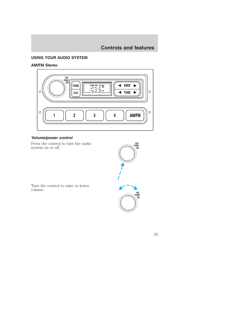 Controls and features, 12 3 4 am/fm | FORD 2001 F-550 v.2 User Manual | Page 35 / 288