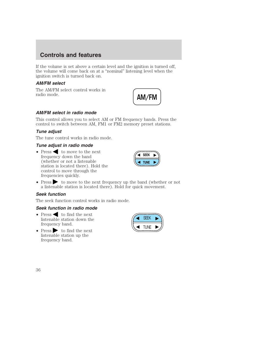 Am/fm, Controls and features | FORD 2001 F-550 v.2 User Manual | Page 36 / 288