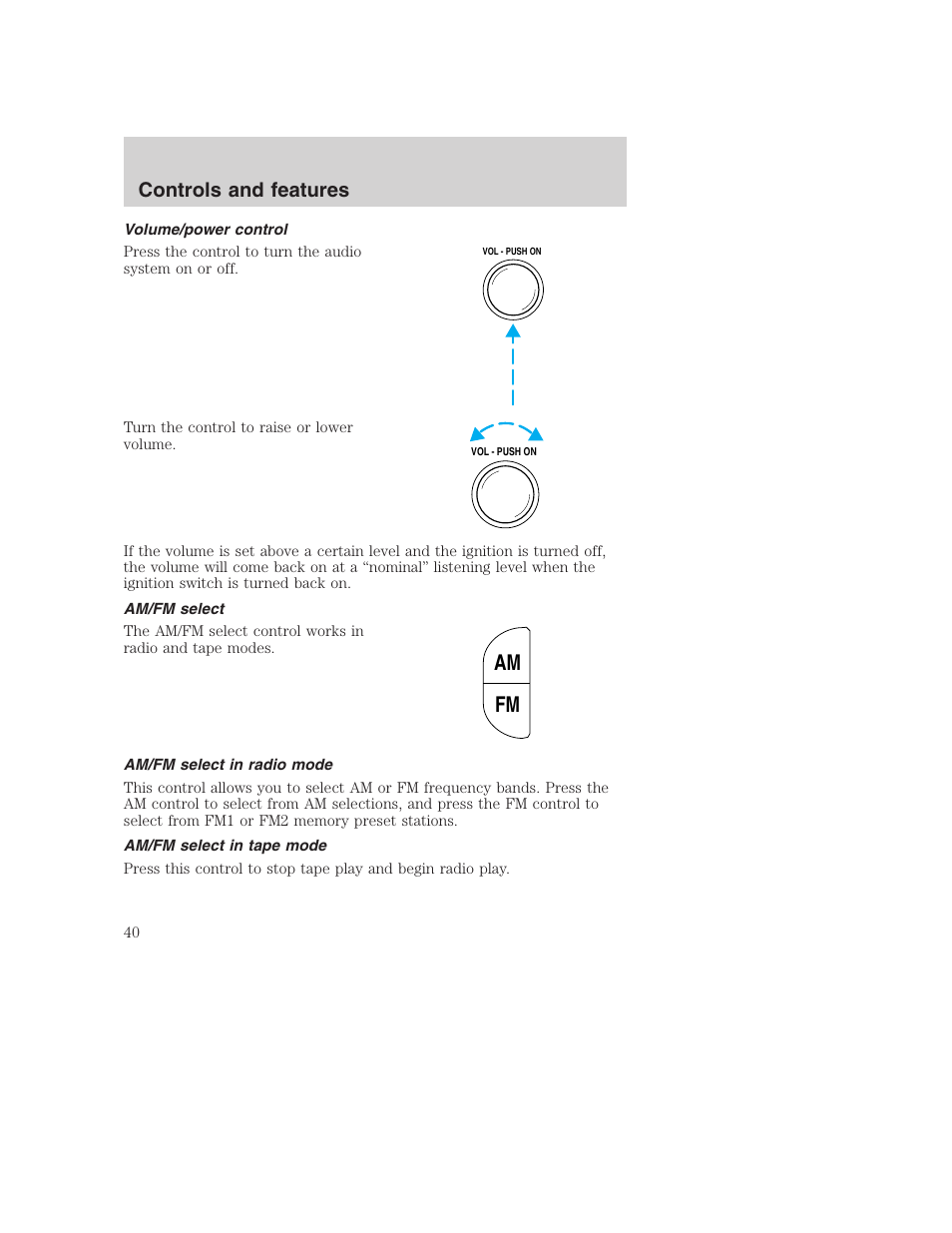 Am fm, Controls and features | FORD 2001 F-550 v.2 User Manual | Page 40 / 288