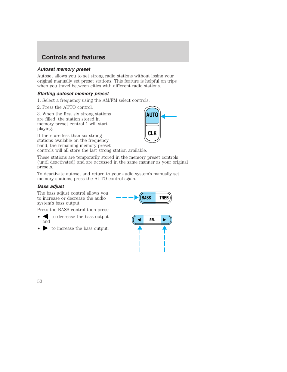 Auto clk, Controls and features | FORD 2001 F-550 v.2 User Manual | Page 50 / 288