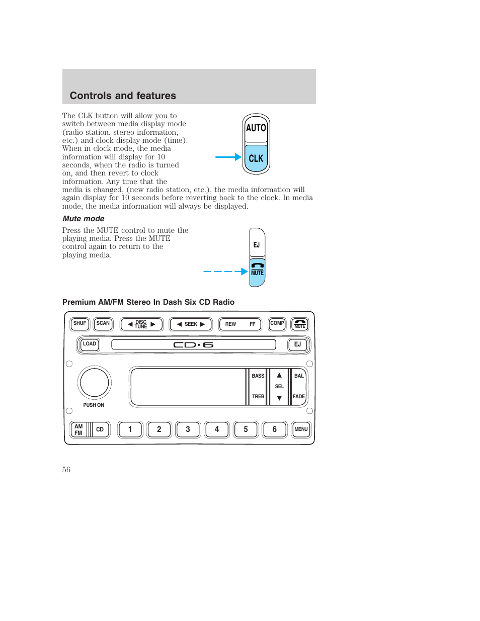 Auto clk, Controls and features | FORD 2001 F-550 v.2 User Manual | Page 56 / 288