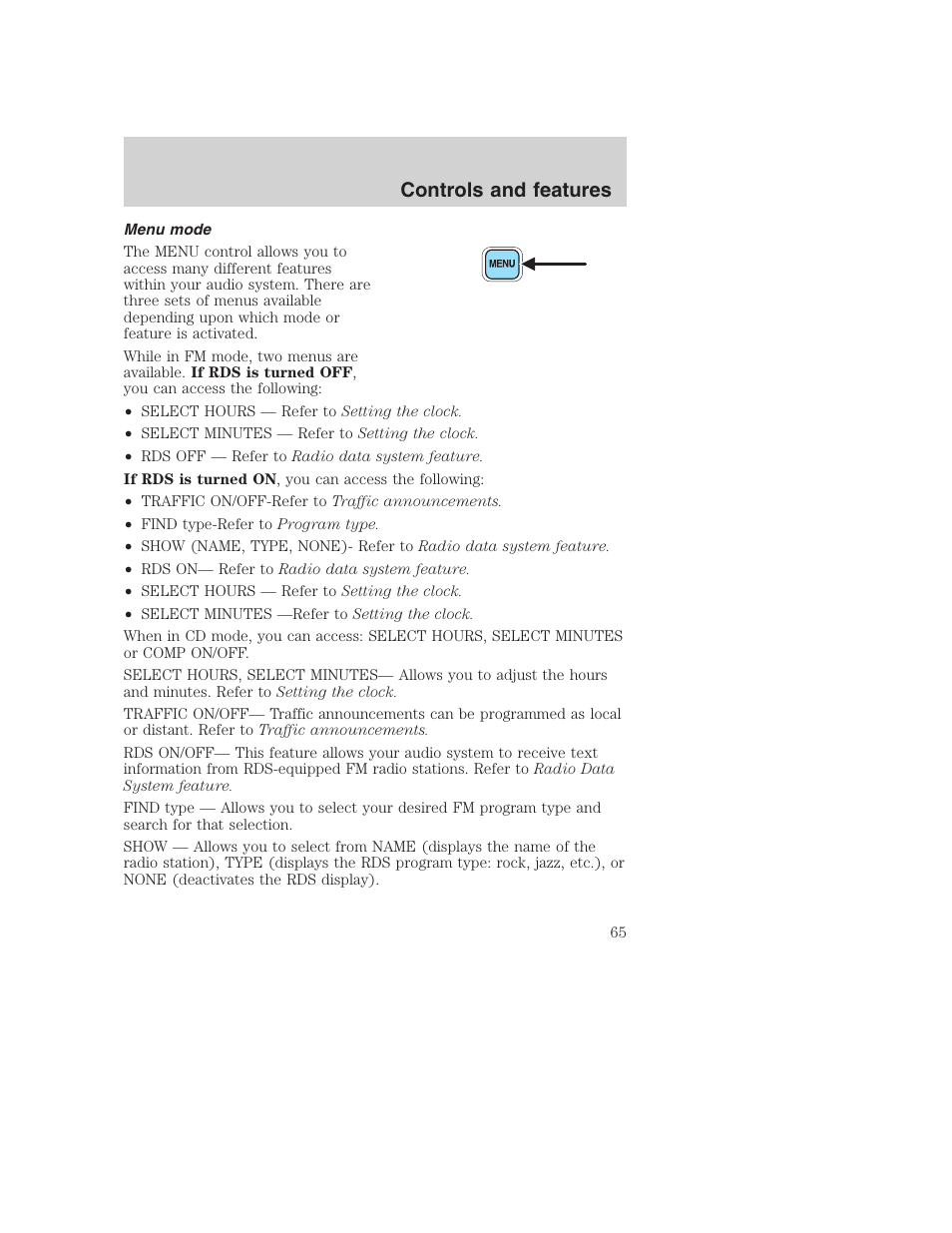 Controls and features | FORD 2001 F-550 v.2 User Manual | Page 65 / 288