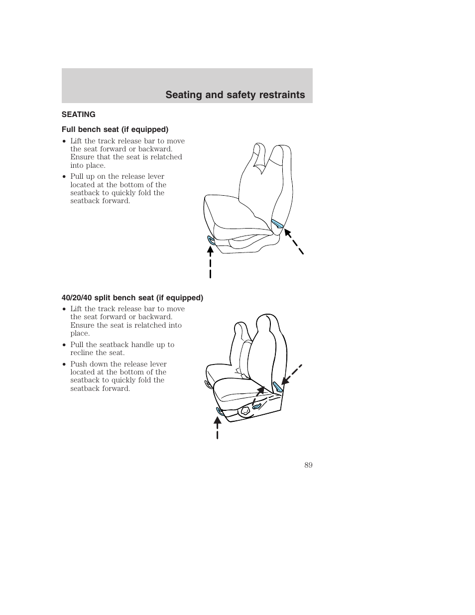 Seating and safety restraints | FORD 2001 F-550 v.2 User Manual | Page 89 / 288