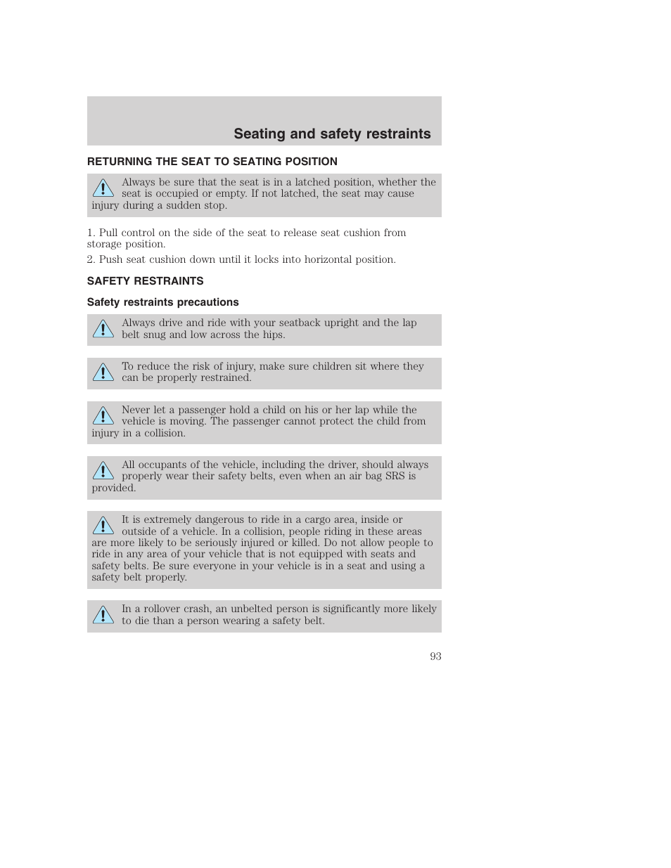 Seating and safety restraints | FORD 2001 F-550 v.2 User Manual | Page 93 / 288