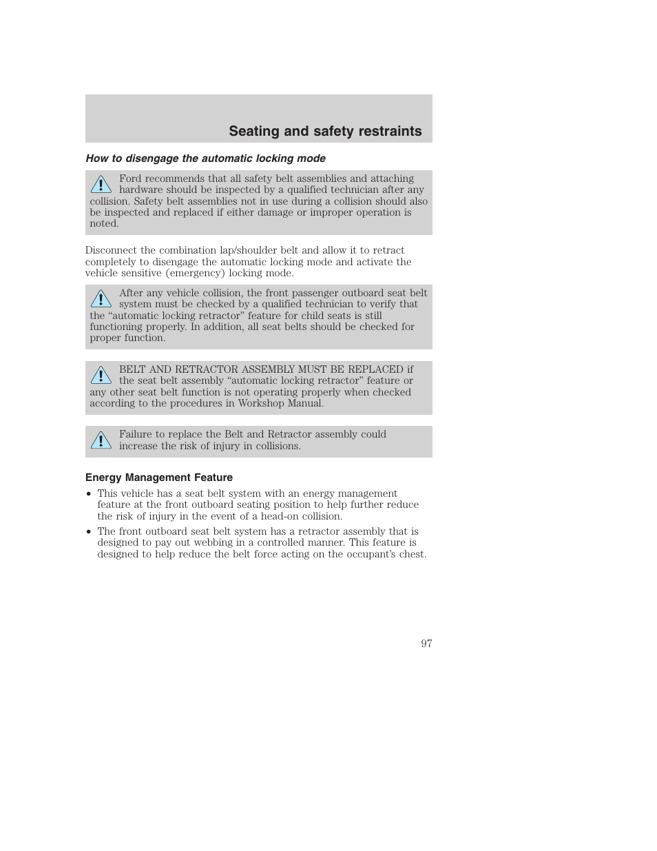 Seating and safety restraints | FORD 2001 F-550 v.2 User Manual | Page 97 / 288