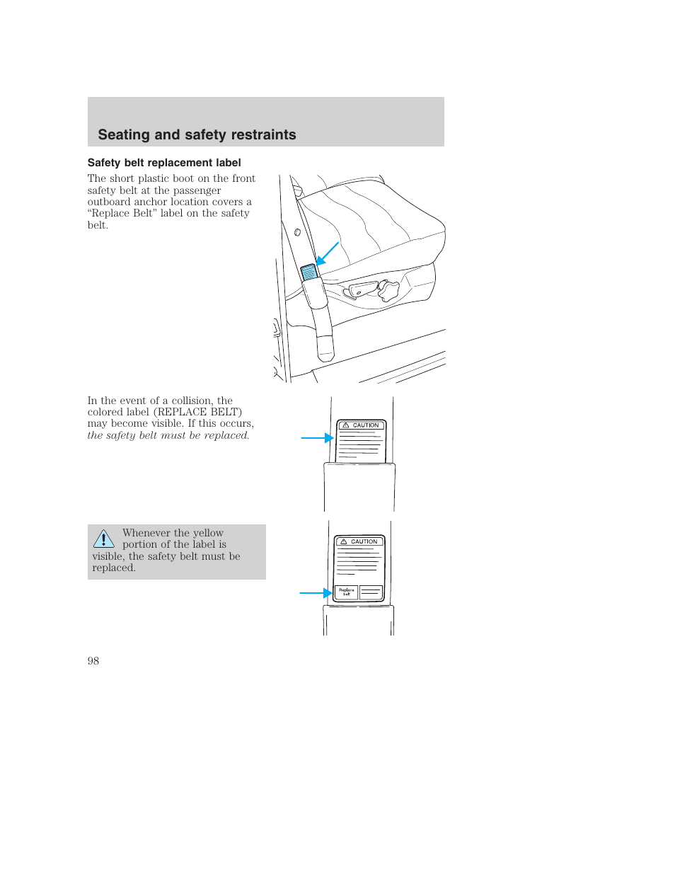 Seating and safety restraints | FORD 2001 F-550 v.2 User Manual | Page 98 / 288