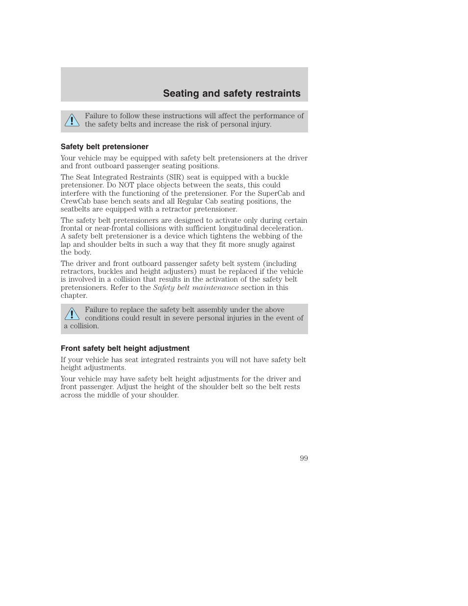 Seating and safety restraints | FORD 2001 F-550 v.2 User Manual | Page 99 / 288