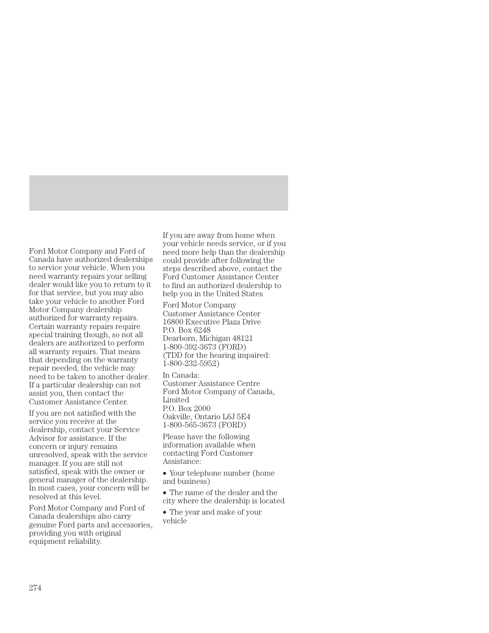 Customer assistance | FORD 2001 Focus User Manual | Page 274 / 296