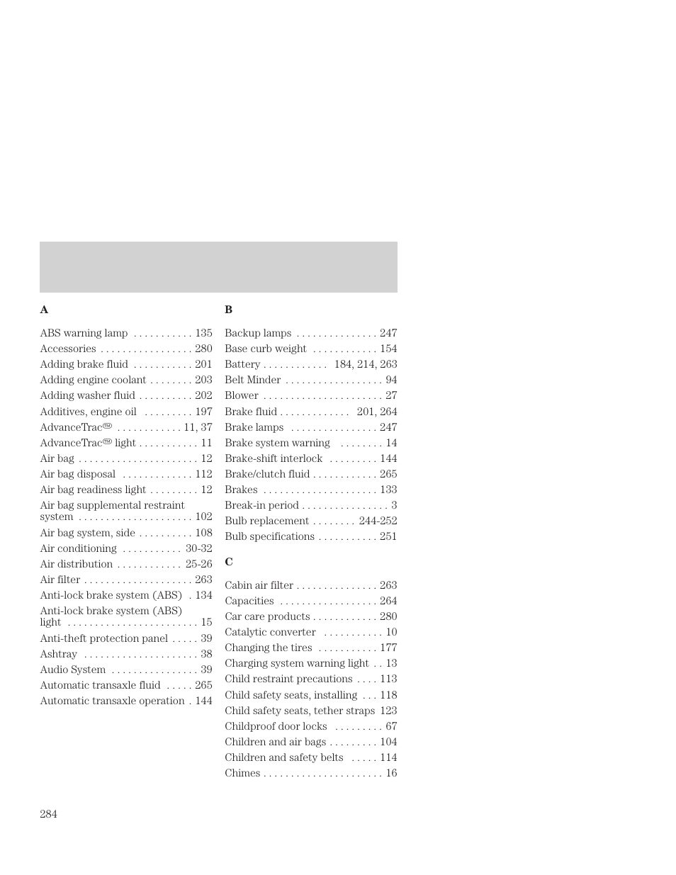 Index | FORD 2001 Focus User Manual | Page 284 / 296