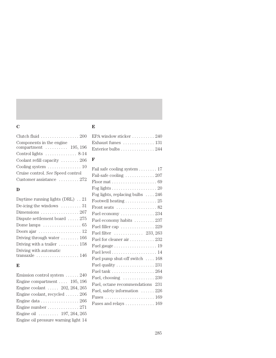 Index | FORD 2001 Focus User Manual | Page 285 / 296