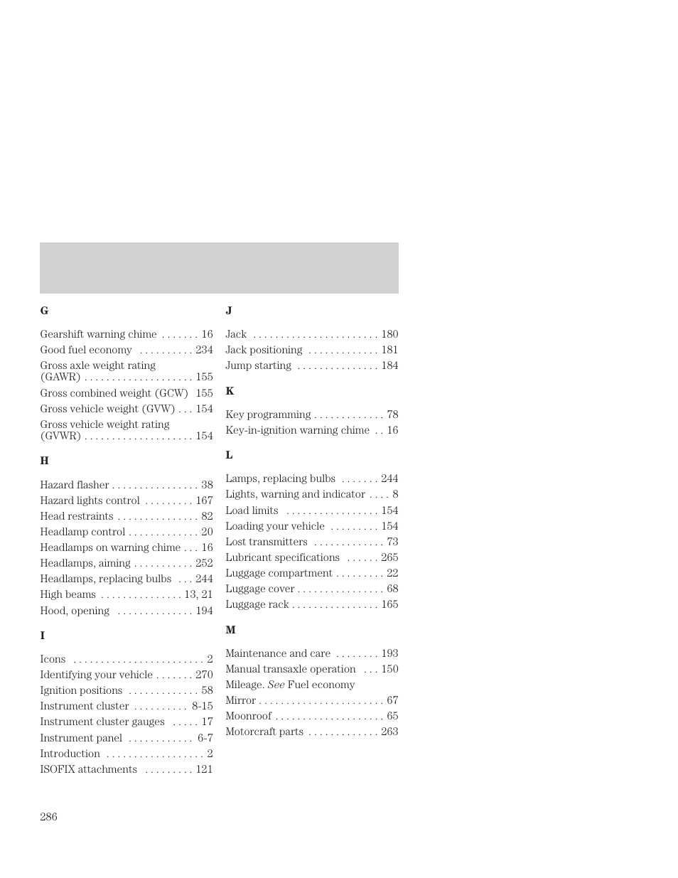 Index | FORD 2001 Focus User Manual | Page 286 / 296