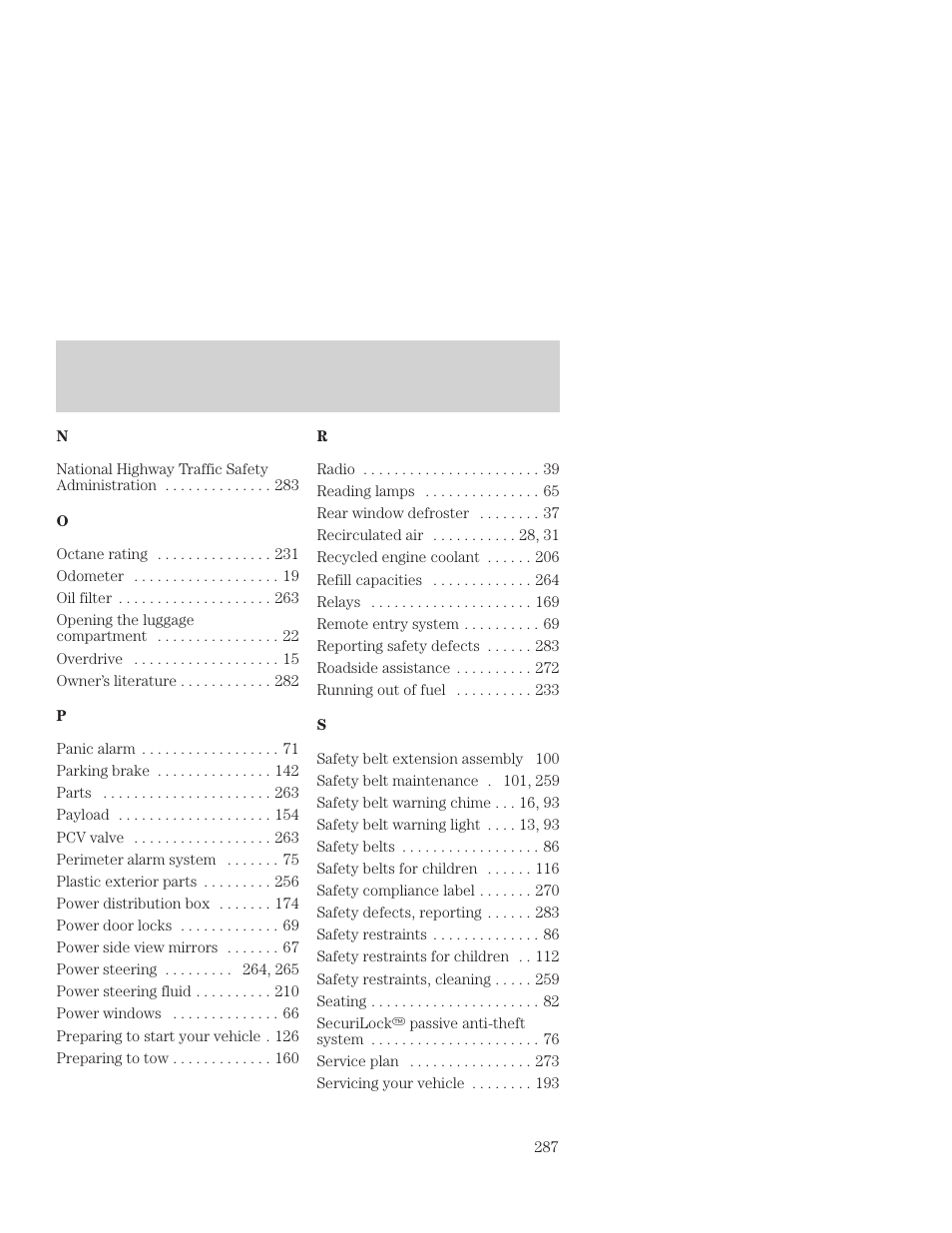 Index | FORD 2001 Focus User Manual | Page 287 / 296
